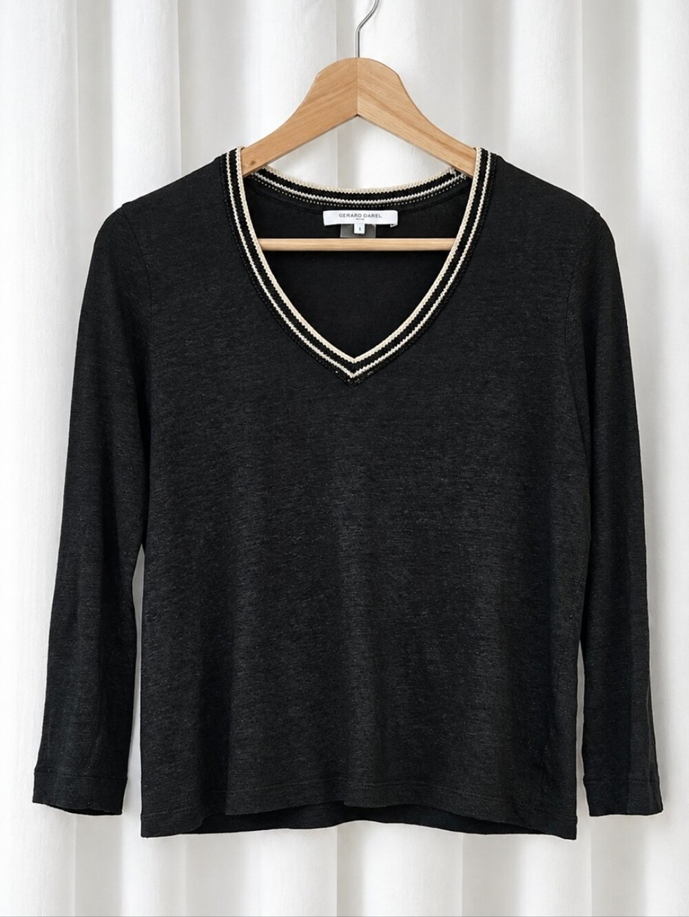 Gerard Darel Paris Black Metallic Trim Luxury Linen Knit Casual Pullover Sweater